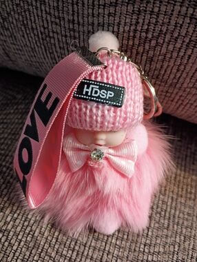 Sleeping Baby Plush Fluffy  Love Keychain, Pink, approximately 6", NWT